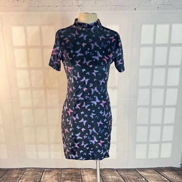 Rokoko velvet short sleeve mock neck velvet butterfly bodycon mini dress size 10 - Picture 1 of 9